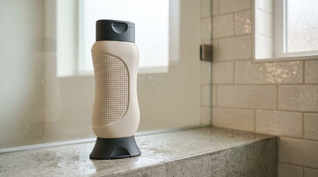 Accessible shower bottle design for people with limited dexterity in a modern bathroom setting