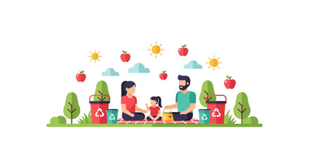 Naklejka premium Eco-friendly family picnic vector illustration with recycling bins