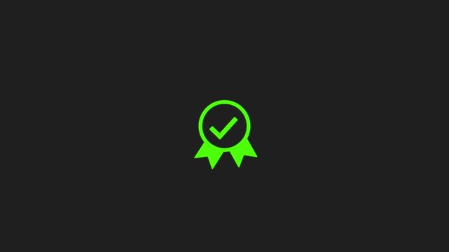 Verified Badge Icon Animation. Green Check Mark Award Ribbon, Approval Certificate, Quality Assurance, Certified Success Symbol, Modern Flat UI Motion Graphic on Black Background