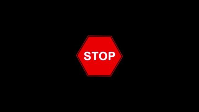 Stop Sign Text Animation. White Hexagon Warning Symbol, Halt Message, Emergency Stop Notice, Safety Alert, Traffic Control, Modern Flat UI Motion Graphic on Black Background