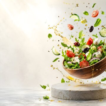 3D fresh Greek salad explosion in wooden bowl with olive oil splash cherry tomatoes feta cheese and stone podium
