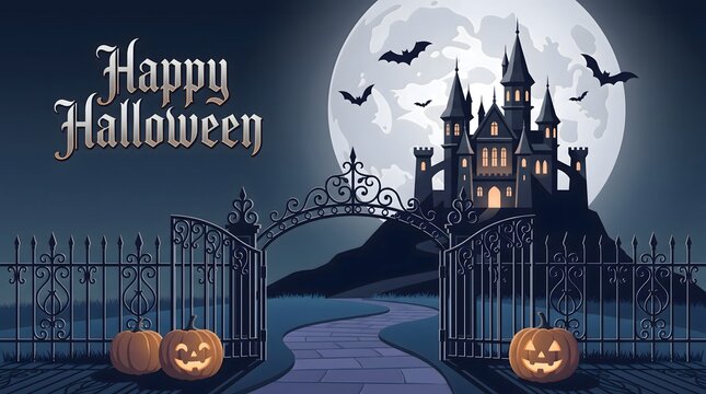 Halloween castle illustration with wrought iron gates and full moon backdrop