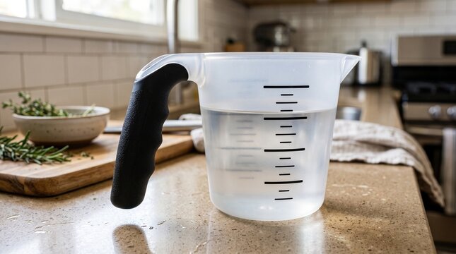 Accessible plastic measuring cup filled with water on a modern kitchen counter with herbs and utensils