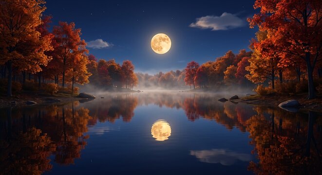 ull Moon Reflecting on Autumn Lake with Vibrant Foliage
