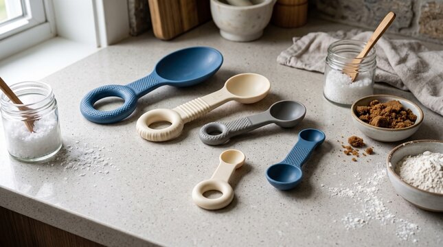 Accessible kitchen setup with colorful measuring spoons on a countertop for easy baking preparation