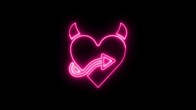 Glowing neon red devil heart icon with horns and tail on dark background.