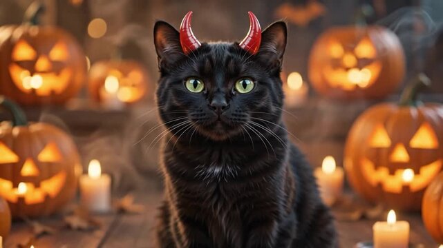 Spooky Halloween Black Cat With Devil Horns Surrounded By Pumpkins 4K!