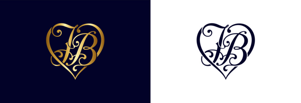 Golden jb monogram inside heart shape for elegant wedding branding.