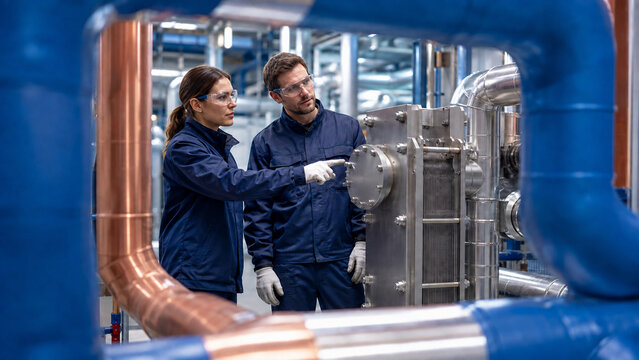 Engineers inspect closed plate heat exchanger in factory plant