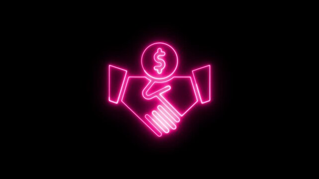 Glowing pink neon handshake icon with a dollar sign symbol representing a successful business deal or financial partnership agreement