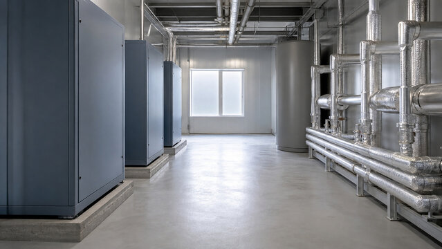 Empty laundry utility gallery with closed heat pump cabinets