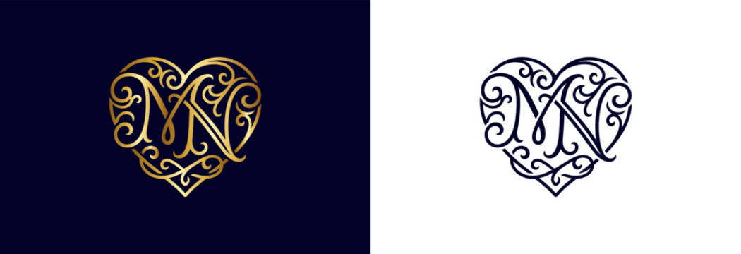 Heart monogram M N luxurious golden swirls for branding and celebrations.