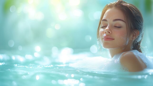 A young woman smiles softly while relaxing in a bubble bath, surrounded by blooming flowers and a calming glow, embracing a peaceful moment.