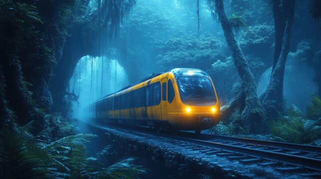 A modern yellow train travels through a haunting forest filled with twisted, eerie trees under a misty atmosphere