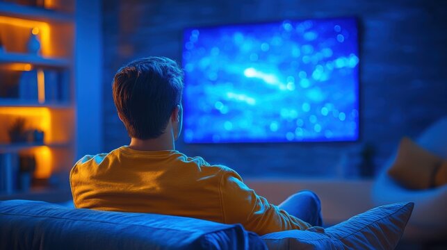 Late at night, a person sits in front of a large screen, immersed in a gaming session while surrounded by warm ambient lights and a city backdrop.