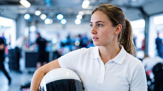 Portrait of a focused female race car driver holding her helmet in the pit lane garage