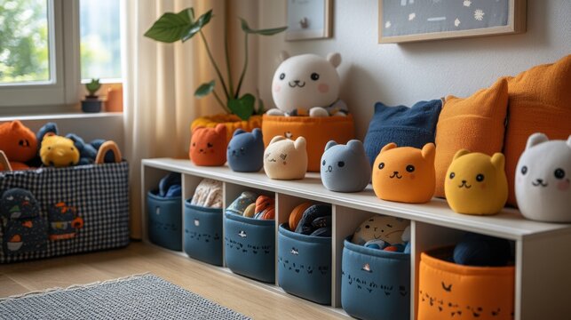 Closeup of a children's toy box filled with soft stuffed animals in a cozy room setting during the day