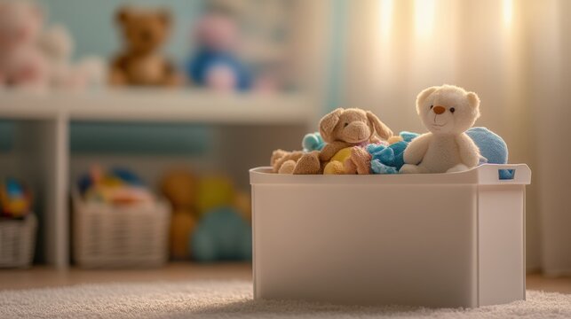 A white box overflowing with plush toys including teddy bears and gentle animals, set in a warm and inviting children's room with soft lighting.