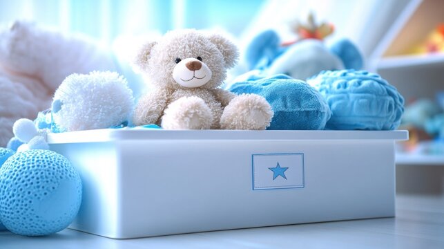 The box is brightly filled with soft toys, including bears and playful animal figures, creating a cheerful atmosphere for children to enjoy their playtime activities.
