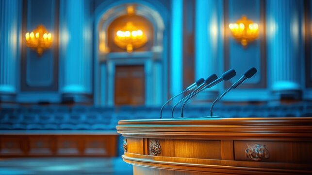 Several microphones are arranged on a podium, ready for speakers at a business conference, complemented by vibrant plants under warm afternoon lighting.
