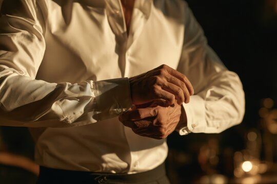 Man adjusting cufflinks on his formal white shirt, preparing for a special event