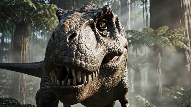 Close-up of Tyrannosaurus Rex head with textured scales and sharp teeth emerging from dense fog in a prehistoric coniferous forest with ferns and cinematic sun rays.