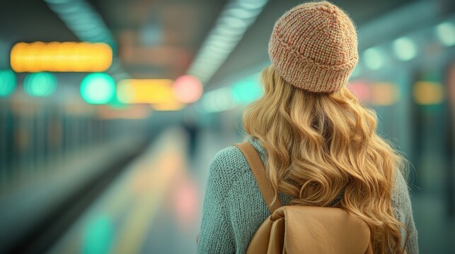 Standing on a train platform, a woman with beautiful long hair and a knitted beanie looks toward the approaching train, ready for her next adventure.