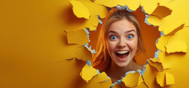 A joyful young woman gazes through a hole in a vibrant, ruined wall, shards of color bursting outward in a moment of happiness