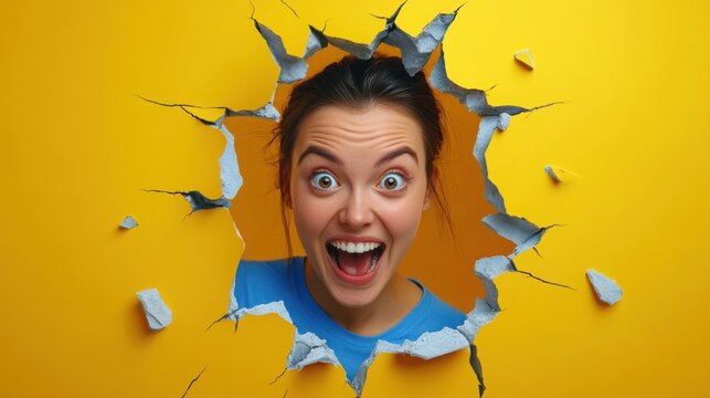 A young woman with a beaming smile peeks through a colorful hole in a damaged wall, shards of blue and yellow flying in different directions.