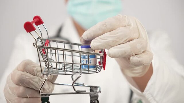 Doctor Holding Peptide BPC 157 Vial and Mini Shopping Cart, Healthcare Consumer Concept