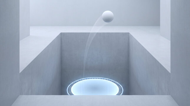 Failing Forward Rebound Concept White Ball Bouncing Massively High from Glowing Elastic Springboard Pit