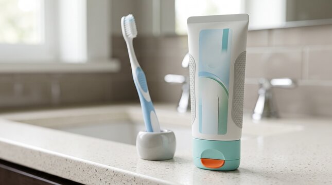 Accessible toothbrush and toothpaste tube on bathroom vanity near sink