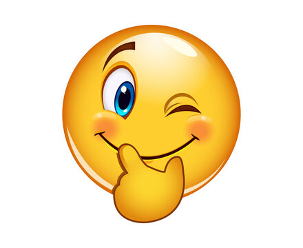 Winking yellow emoji emoticon thinking with hand on chin
