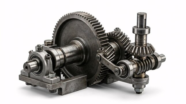 Complex vintage metal mechanical gear system and cogs assembled together on a white background.