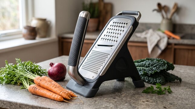 Accessible and Ergonomic Mandoline Slicer with Vegetables on a Modern Kitchen Counter