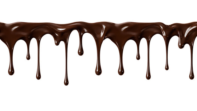 Dripping dark melted chocolate border with falling droplets isolated on transparent background