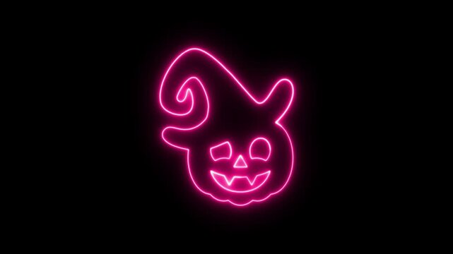 Neon pink glowing pumpkin with a witch hat for halloween celebration.