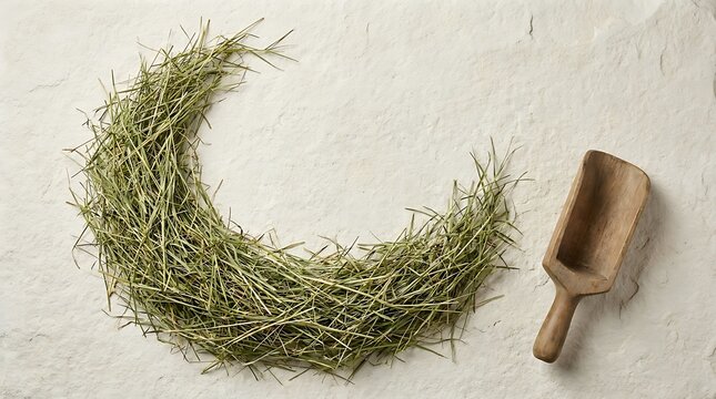 A crescent shape arrangement of fresh bermuda hay with a wooden scoop on a light textured stone background