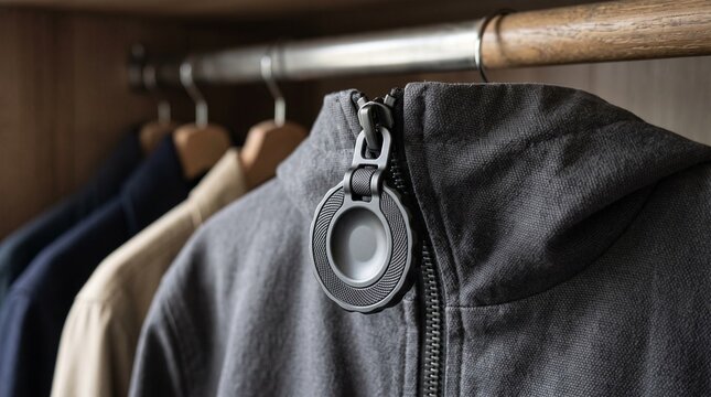 Grey Hoodie with Accessible GPS Tracker Tag on Zipper Hanging in Closet