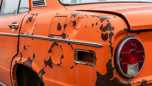 Close Up View of a Weathered Orange Vintage Vehicle Body Featuring Significant Paint Peeling and Corroded Rust Patches on the Exterior Surface