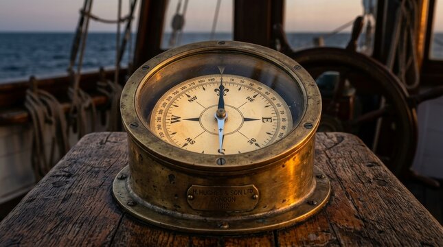 Antique brass marine compass resting on a weathered wooden deck of an old sailing ship during sunset with the ocean horizon visible in the background for maritime navigation concepts