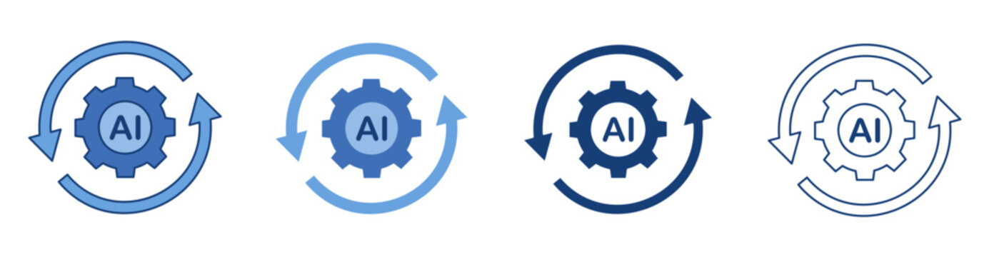 AI Automation Process Icons Set with Artificial Intelligence Gear Cog Wheel and Circular Sync Refresh Arrows Blue Line and Solid Symbol Isolated on White Background