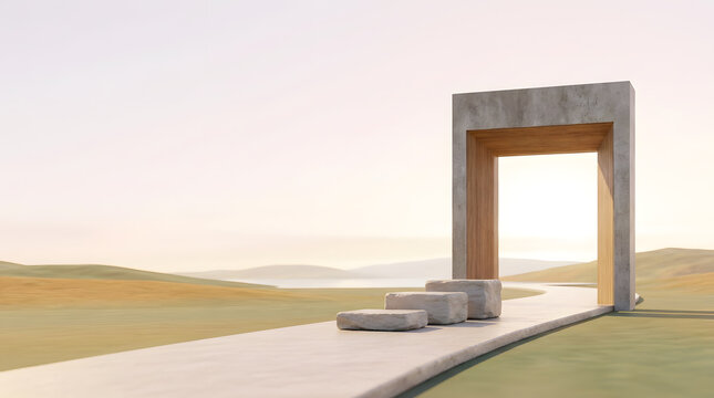 A surreal stone archway standing alone on a long concrete path in a vast empty desert landscape
