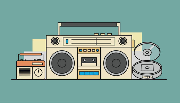 Retro audio equipment collection featuring a pocket radio, a classic cassette boombox, and an open portable CD player.