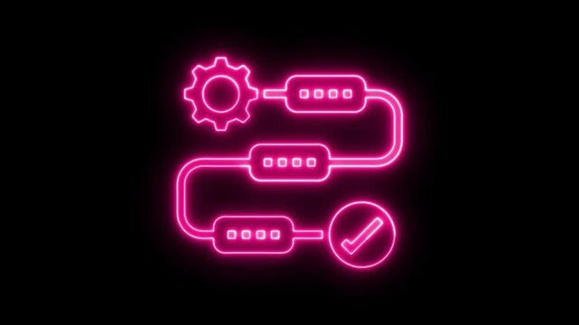 Neon pink workflow process icon with gear and check mark symbol.