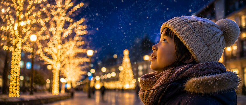 クリスマスイルミネーションを見上げる子どもの笑顔と冬の夜景