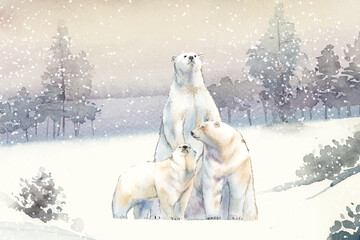 Naklejka premium Polar bears in the snow watercolor vector