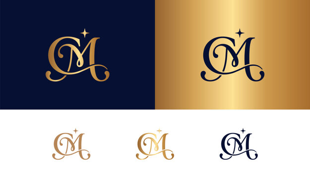 Cm or mc luxury script monogram in gold and dark blue for boutique signature.