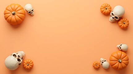 Fototapeta premium Halloween background with pumpkins and skulls arranged in corners on a vibrant orange flat lay surface