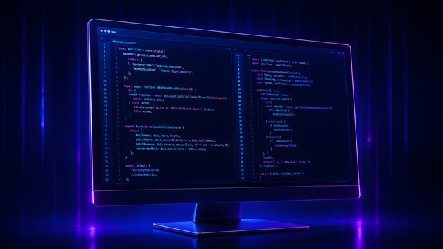 Modern software development and programming concept with glowing computer monitor displaying code in a futuristic dark room with neon lights.